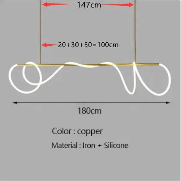 Decorbites modern gold curved LED chandelier pendant copper iron + silicone 180cm span on Tampa Home & Garden Store
