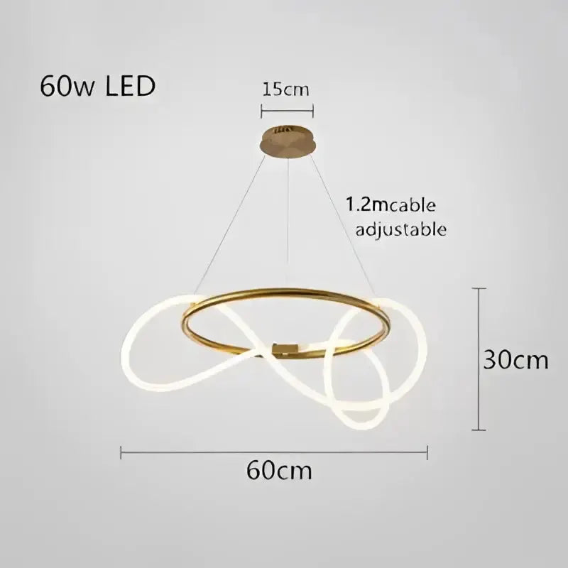 Modern gold curved LED chandelier pendant with circular gold ring and LED loops Decorbites on Tampa Home & Garden Store