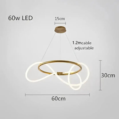 Modern gold curved LED chandelier pendant with circular gold ring and LED loops Decorbites on Tampa Home & Garden Store