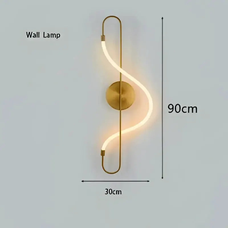 Decorbites gold LED wall lamp with brass mount and flowing light tube, 90cm tall 30cm wide on Tampa Home & Garden Store