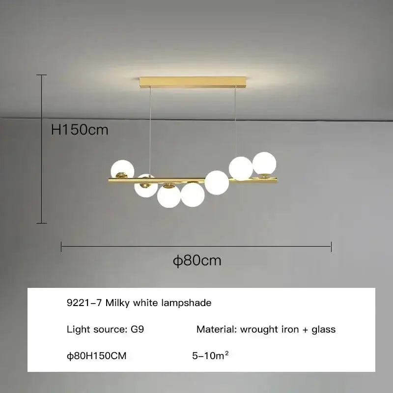 Chandelier Decorbites 9221-7 milky white glass globes on a gold bar pendant on Tampa Home & Garden Store