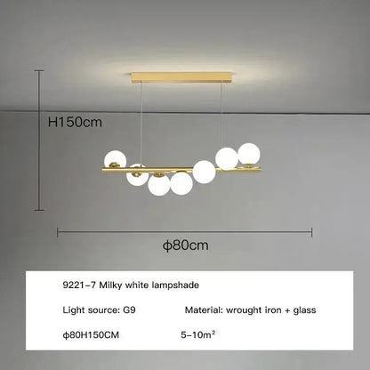 Chandelier Decorbites 9221-7 milky white glass globes on a gold bar pendant on Tampa Home & Garden Store