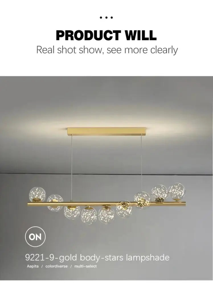 Chandelier modern gold long bar with glass globe lamps for dining room on Tampa Home & Garden Store