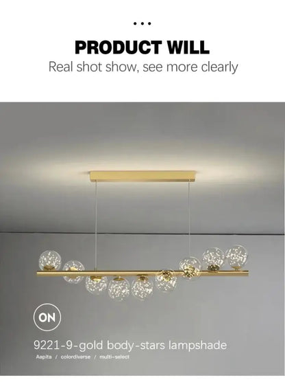 Chandelier modern gold long bar with glass globe lamps for dining room on Tampa Home & Garden Store