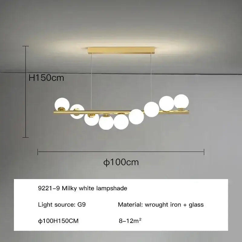 Decorbites modern gold long ceiling chandelier with milky glass globe pendants on a bar on Tampa Home & Garden Store