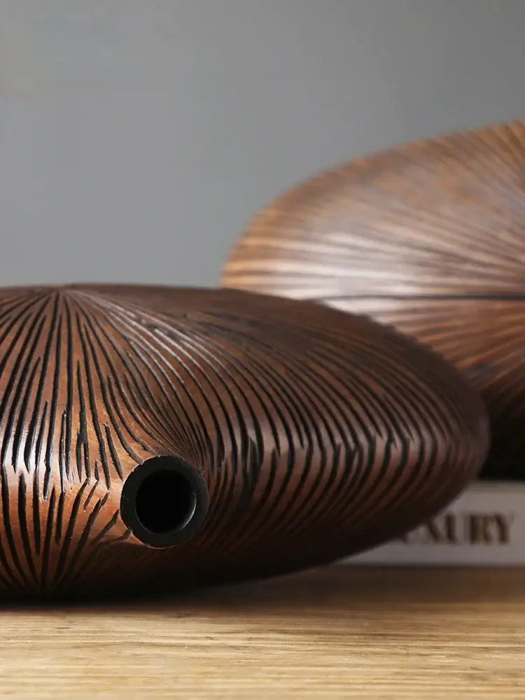 Light brown resin vase with carved linear pattern, Decorbites set of 2 on Tampa Home & Garden Store