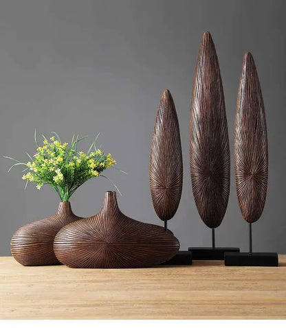 Light brown resin vases set of 5 by Decorbites with ribbed textures and tall leaf shapes on Tampa Home & Garden Store