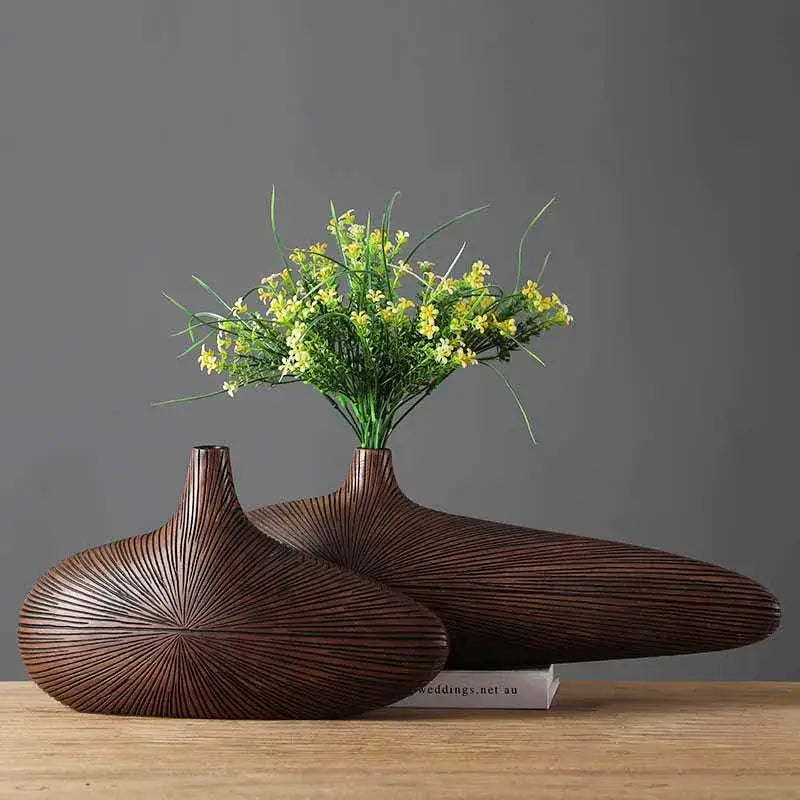 Light Brown Resin Vase pair by Decorbites with radial ribbed texture on Tampa Home & Garden Store