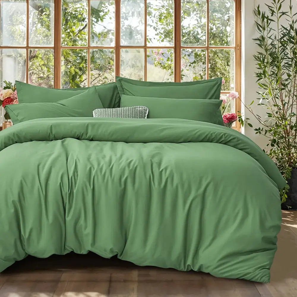 Decorbites green satin duvet set on bed with matching pillows in a room with large windows on Tampa Home & Garden Store