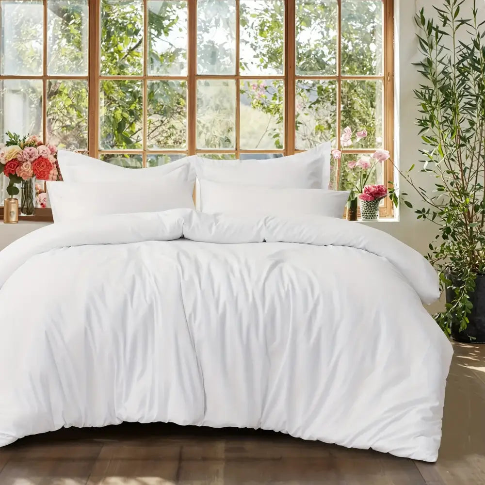 Black Satin Duvet Set by Decorbites on a bright bed with white pillows on Tampa Home & Garden Store