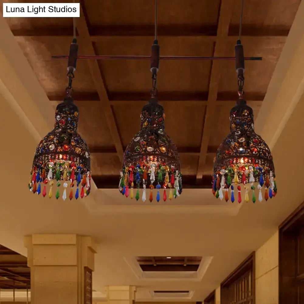 Art deco dark metal beaded cluster light trio pendant by Decorbites with colorful fringe on Tampa Home & Garden Store
