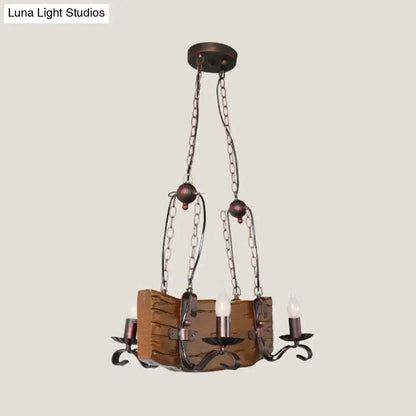 Rustic bronze island chandelier with wooden centerpiece and chain hangers, 3 candle bulbs on Tampa Home & Garden Store
