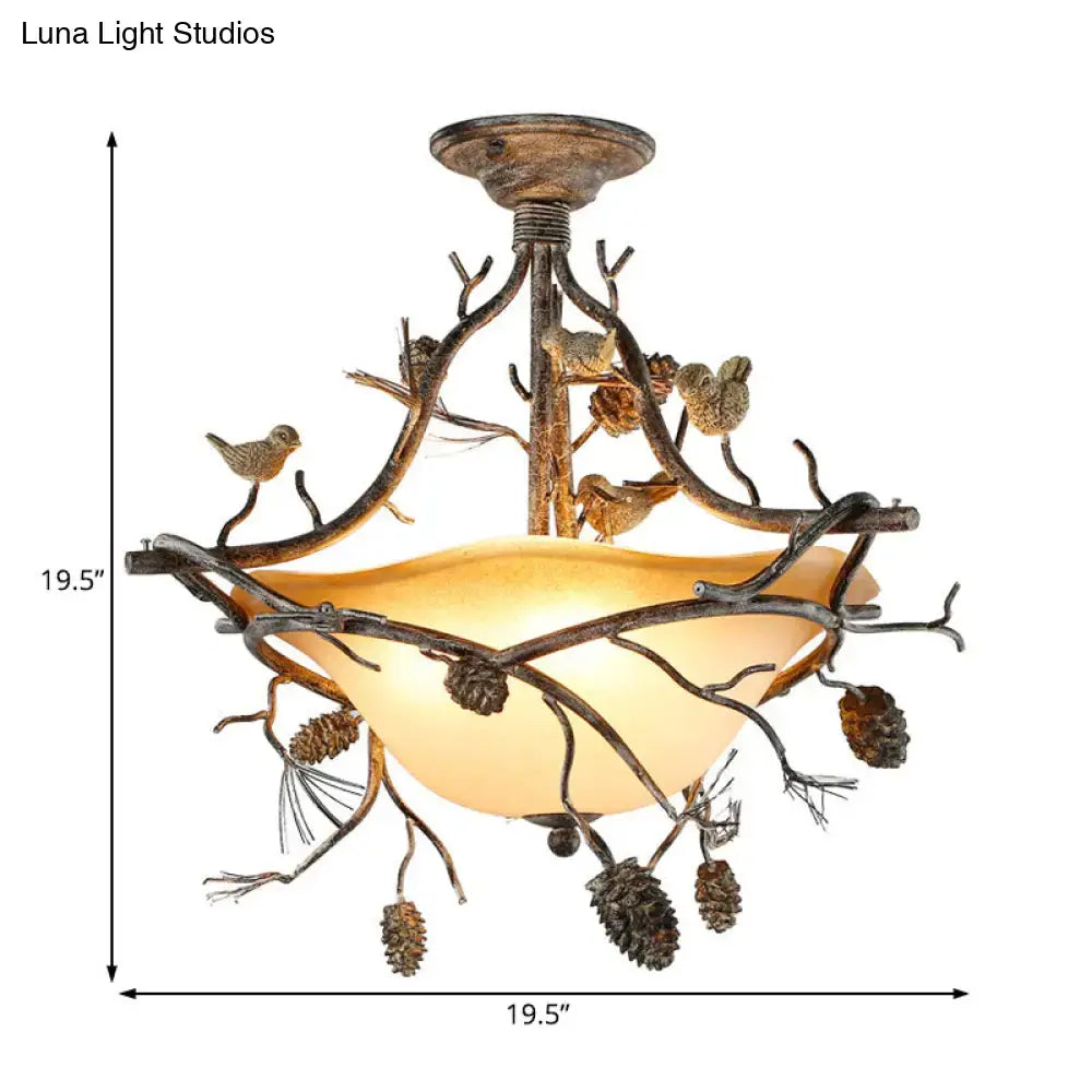Bronze Bird Branch Light ceiling fixture with frosted glass bowl and birds by Decorbites on Tampa Home & Garden Store