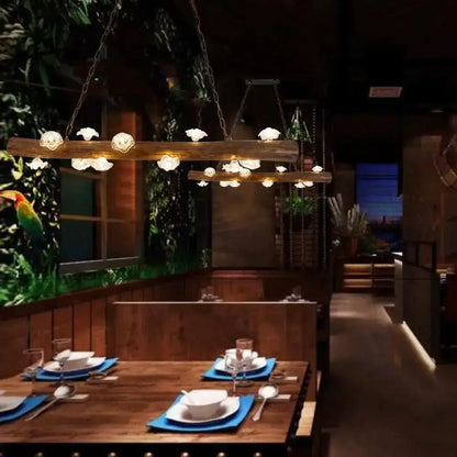 Rustic style wooden mushroom chandelier dining room pendant by Decorbites with amber bulbs on Tampa Home & Garden Store