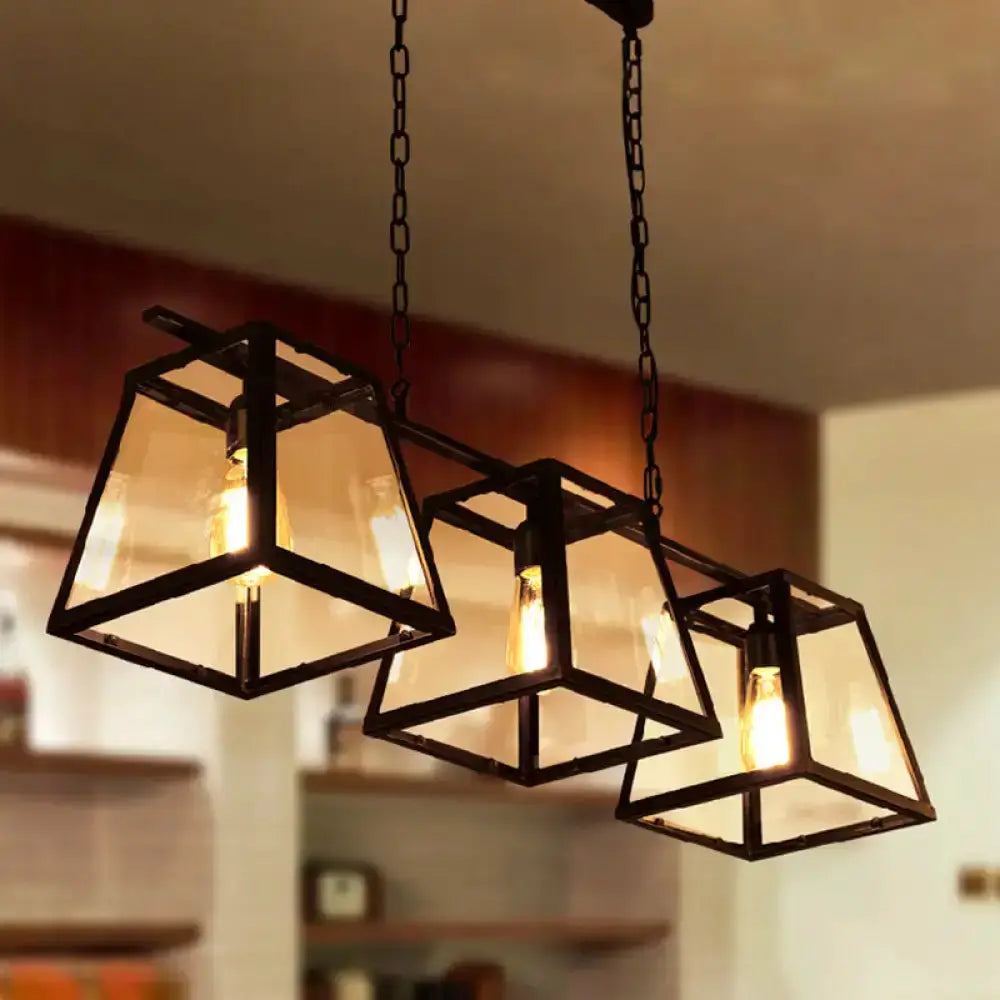 Industrial black metal island pendant light with glass lanterns, three lanterns, Decorbites on Tampa Home & Garden Store