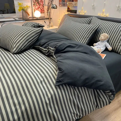 Decorbites Nordic plaid green 1pc duvet cover with striped gray pillow shams in bedroom on Tampa Home & Garden Store