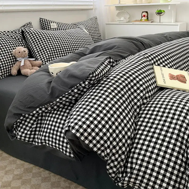 Decorbites Nordic plaid duvet cover set with black-and-white check pattern on bed on Tampa Home & Garden Store