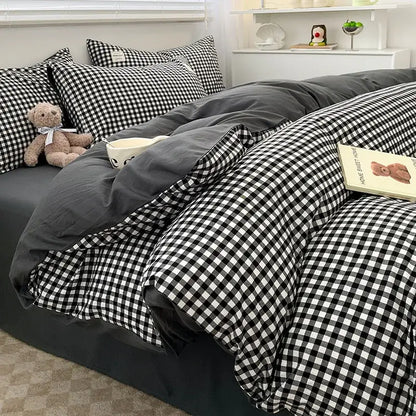Decorbites Nordic plaid duvet cover set with black-and-white check pattern on bed on Tampa Home & Garden Store