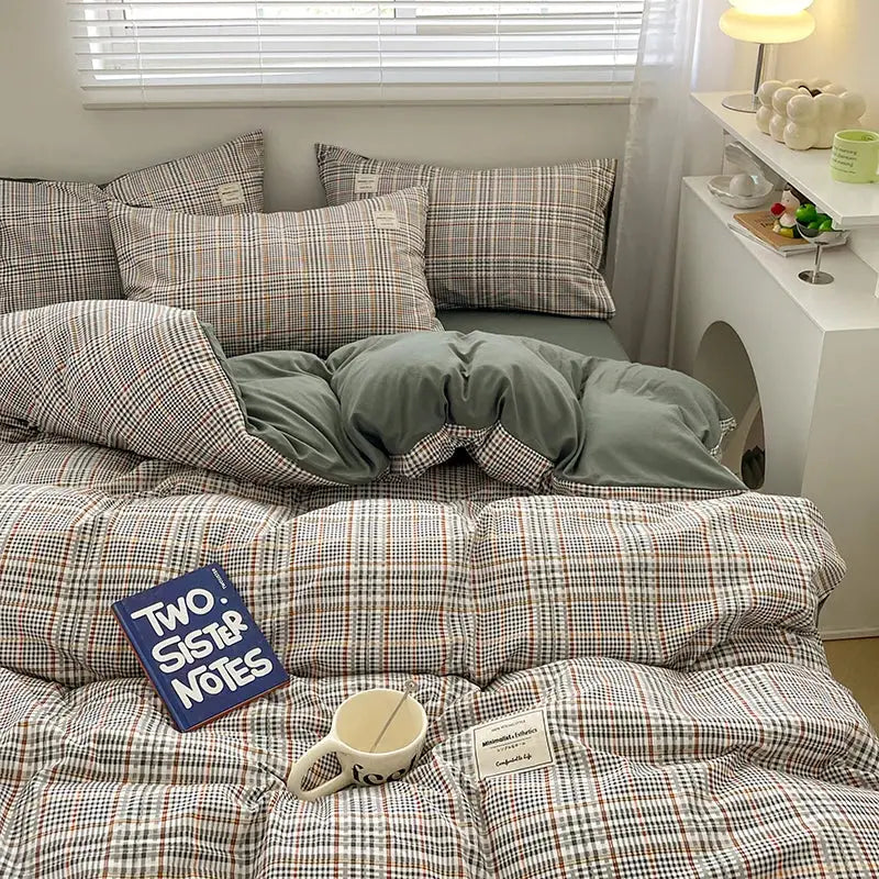 Nordic plaid muted green duvet cover bedding set Decorbites on bed with 4 plaid pillows on Tampa Home & Garden Store