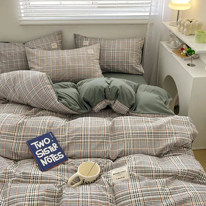Nordic plaid muted green duvet cover bedding set Decorbites on bed with 4 plaid pillows on Tampa Home & Garden Store
