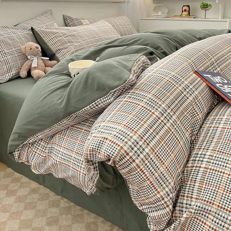 Decorbites Nordic plaid muted green 1pc duvet cover bedding set with plaid top reverse on Tampa Home & Garden Store