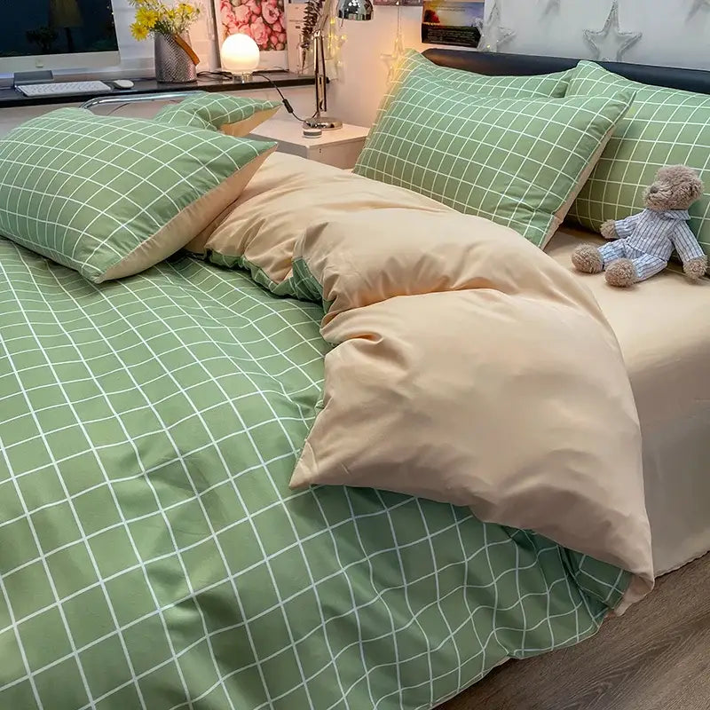 Nordic plaid muted green duvet cover by Decorbites with beige reverse for bedroom on Tampa Home & Garden Store
