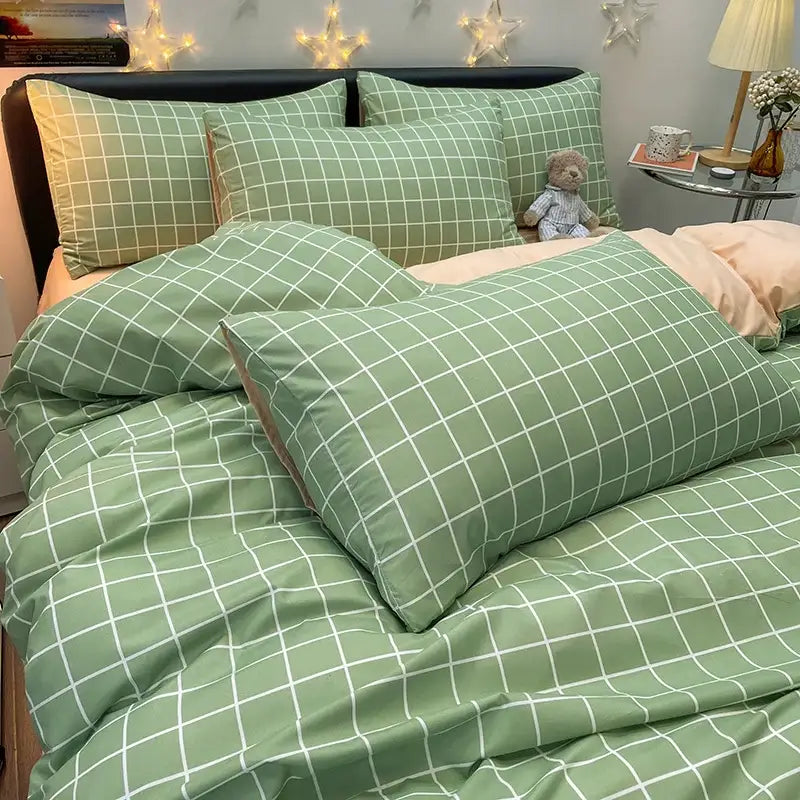 Decorbites Nordic plaid muted green duvet cover bedding set with matching pillow shams on bed on Tampa Home & Garden Store