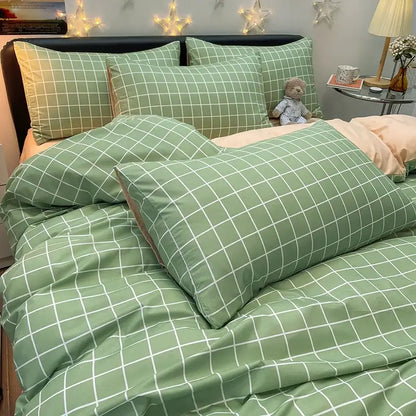 Decorbites Nordic plaid muted green duvet cover bedding set with matching pillow shams on bed on Tampa Home & Garden Store