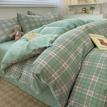 Decorbites Nordic plaid muted green duvet cover set with mint-green solid comforter on bed on Tampa Home & Garden Store