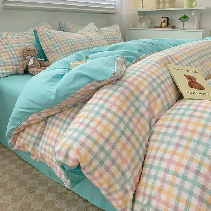 Nordic plaid muted green duvet cover set 1pc with turquoise reverse, pastel plaid pillows on Tampa Home & Garden Store