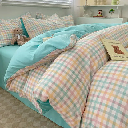 Nordic plaid muted green duvet cover set 1pc with turquoise reverse, pastel plaid pillows on Tampa Home & Garden Store