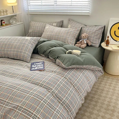 Nordic plaid muted green 1pc duvet cover set by Decorbites on bed with plaid pillowcases on Tampa Home & Garden Store