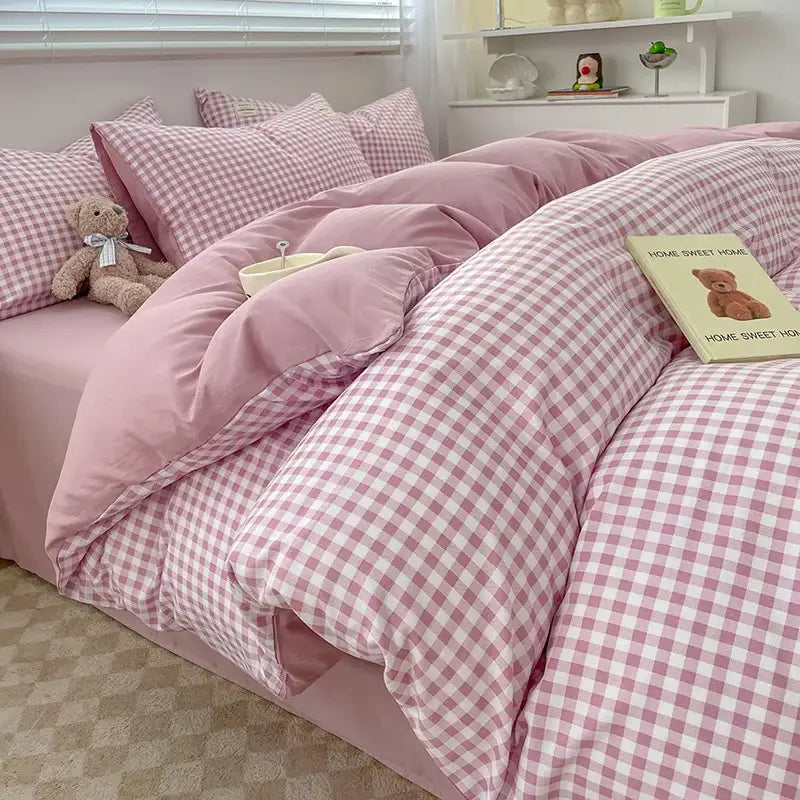 Duvet cover set pink gingham by Decorbites with matching pillow shams for bedroom on Tampa Home & Garden Store