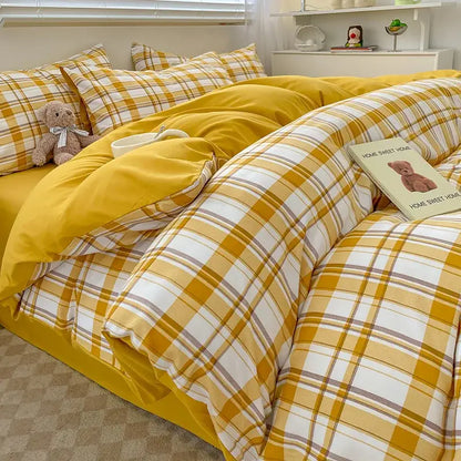Duvet cover Decorbites Nordic plaid muted green 1pc bedding set on bed with plaid accents on Tampa Home & Garden Store