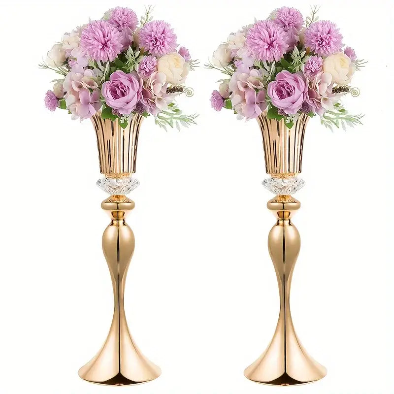 Gold Crystal Flower Stand Set pair with pink bouquets, Decorbites vases on Tampa Home & Garden Store