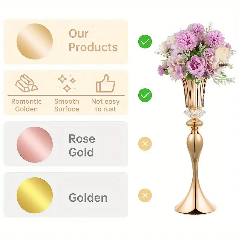 Gold crystal flower stand vase set by Decorbites, tall golden vase with pink bouquet on Tampa Home & Garden Store