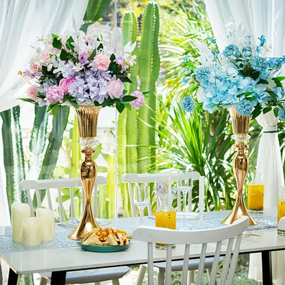 Gold Crystal Flower Stand Set vases (2) with pink, purple, and blue blooms on a white table on Tampa Home & Garden Store
