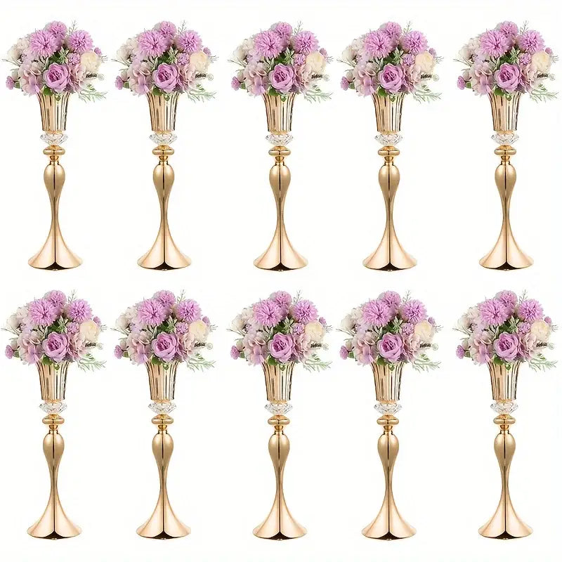 Gold crystal flower stand set by Decorbites, 10 gold vases with pink blooms on Tampa Home & Garden Store