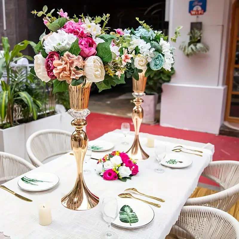 Gold crystal flower stand set vases (two) by Decorbites with tall gold pedestals and blooms on Tampa Home & Garden Store