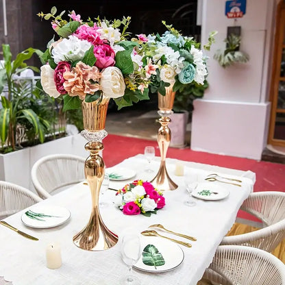 Gold crystal flower stand set vases (two) by Decorbites with tall gold pedestals and blooms on Tampa Home & Garden Store