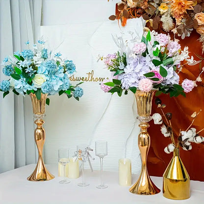 Gold Crystal Flower Stand Set vases with blue and pink hydrangeas on gold stems Decorbites on Tampa Home & Garden Store