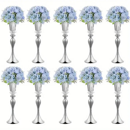 Set of 10 silver crystal flower stand vases with blue hydrangea bouquets on Tampa Home & Garden Store