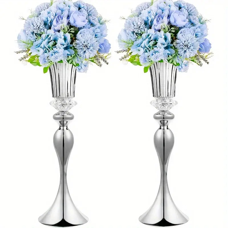 Gold Crystal Flower Stand Set Vases; twin silver-tone stands with blue floral arrangements on Tampa Home & Garden Store