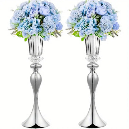 Gold Crystal Flower Stand Set Vases; twin silver-tone stands with blue floral arrangements on Tampa Home & Garden Store