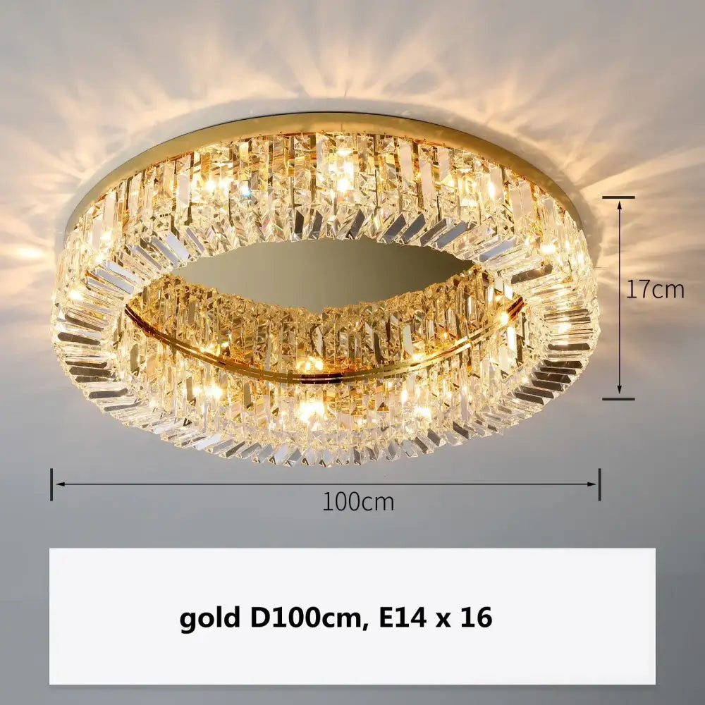 Modern gold multi tier crystal LED ceiling light, gold ring and crystal prisms, 100cm diameter on Tampa Home & Garden Store