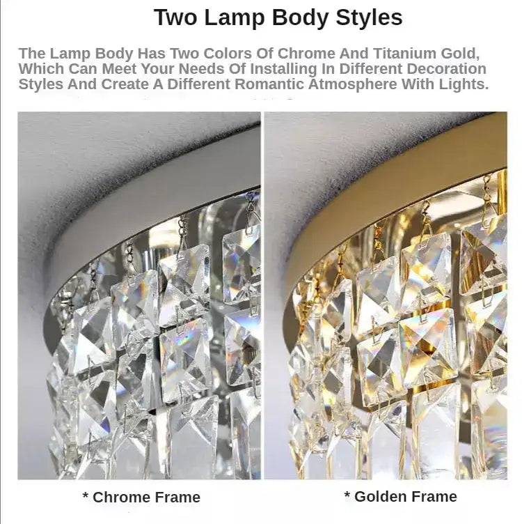 Modern gold crystal LED ceiling light by Decorbites; 2-frame styles chrome & gold on Tampa Home & Garden Store
