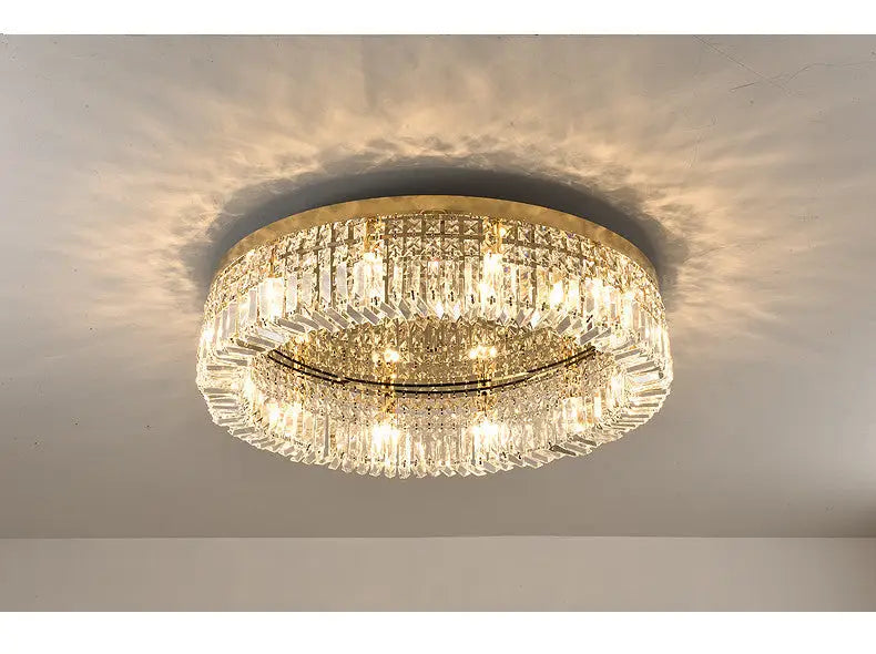 Modern gold multi-tier crystal LED ceiling light with circular prisms by Decorbites on Tampa Home & Garden Store