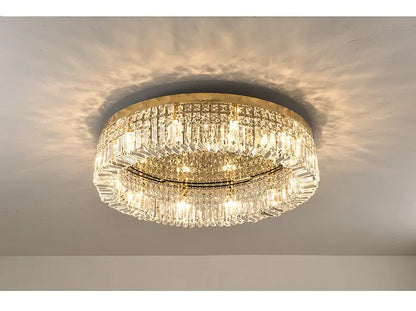 Modern gold multi-tier crystal LED ceiling light with circular prisms by Decorbites on Tampa Home & Garden Store