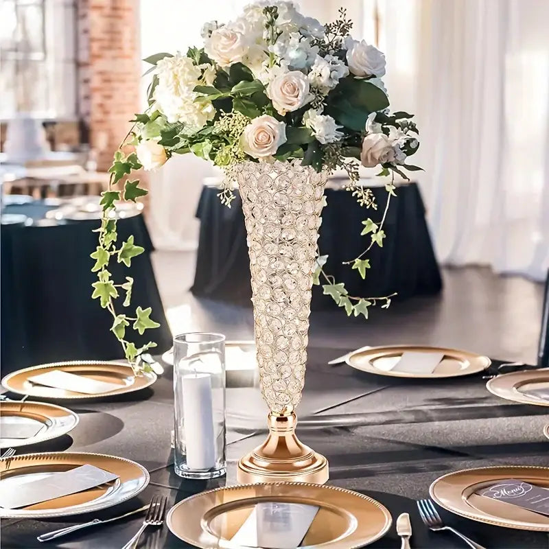 Gold Crystal Encrusted Vase by Decorbites, tall crystal vase with gold base and white roses on Tampa Home & Garden Store