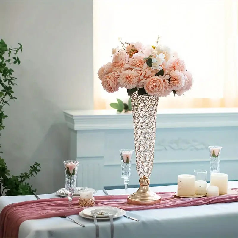 Gold crystal encrusted vase by Decorbites with pink rose bouquet on a dining table on Tampa Home & Garden Store
